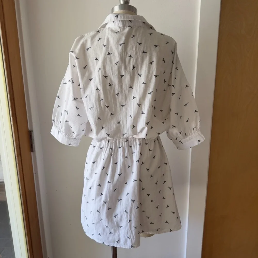 ELLISON Linen Blend Eiffel Tower Print Button Up Shirt Dress-White Knee Length-S